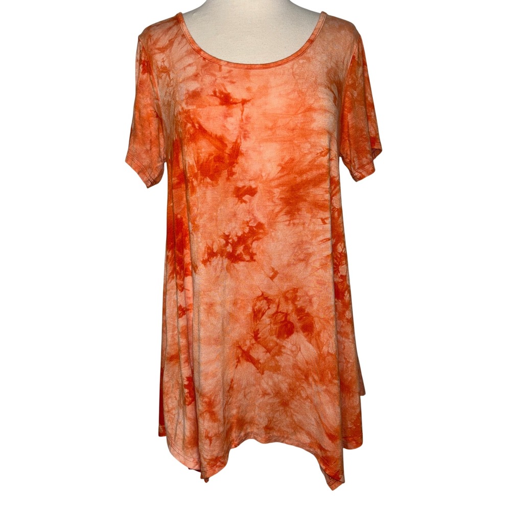 LaRACE Tie‎ Dye Orange Sharkbite Tunic Top Rayon Stretch Asymmetrical Hem Small